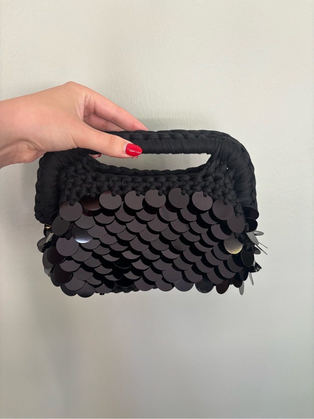 Black Sequin Crochet Top-Handle Bag